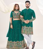 Turquoise Embroidered Lehenga & Matching Men's Kurta Set couple combo