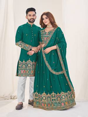 Turquoise Embroidered Lehenga & Matching Men's Kurta Set couple combo 2