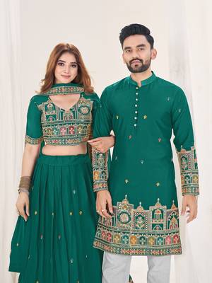 Turquoise Embroidered Lehenga & Matching Men's Kurta Set couple combo 3