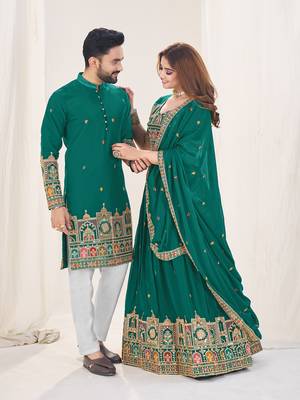 Turquoise Embroidered Lehenga & Matching Men's Kurta Set couple combo 4