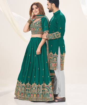 Turquoise Embroidered Lehenga & Matching Men's Kurta Set couple combo 5