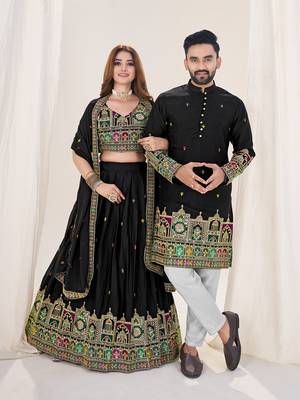  Black Embroidered Lehenga & Matching Men's Kurta Set couple combo 1