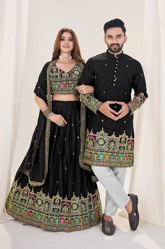  Black Embroidered Lehenga & Matching Men's Kurta Set couple combo
