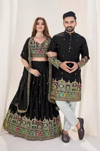  Black Embroidered Lehenga & Matching Men's Kurta Set couple combo