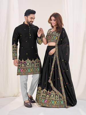  Black Embroidered Lehenga & Matching Men's Kurta Set couple combo 2