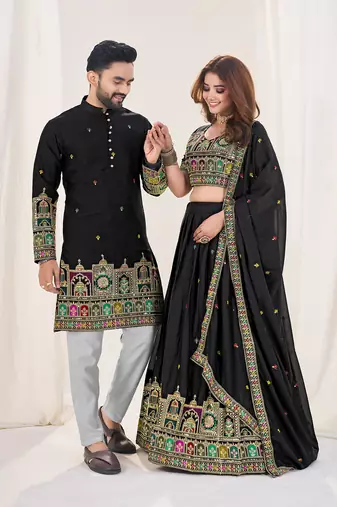  Black Embroidered Lehenga & Matching Men's Kurta Set couple combo