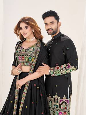  Black Embroidered Lehenga & Matching Men's Kurta Set couple combo 3