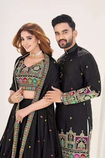  Black Embroidered Lehenga & Matching Men's Kurta Set couple combo