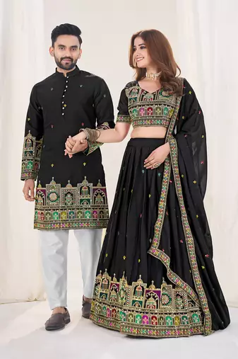  Black Embroidered Lehenga & Matching Men's Kurta Set couple combo