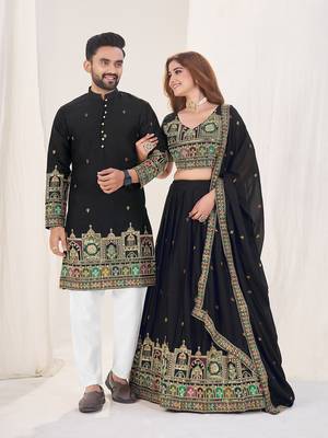 Black Embroidered Lehenga & Matching Men's Kurta Set couple combo 5