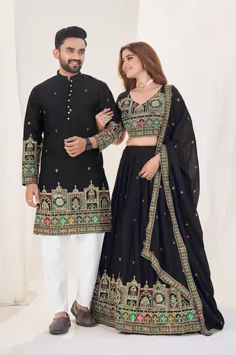 Black Embroidered Lehenga & Matching Men's Kurta Set couple combo