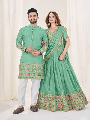 Sea Green Embroidered Lehenga & Matching Men's Kurta Set couple combo 1