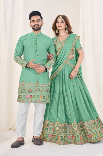 Sea Green Embroidered Lehenga & Matching Men's Kurta Set couple combo