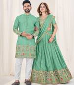 Sea Green Embroidered Lehenga & Matching Men's Kurta Set couple combo