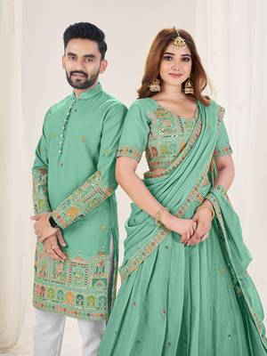 Sea Green Embroidered Lehenga & Matching Men's Kurta Set couple combo 2