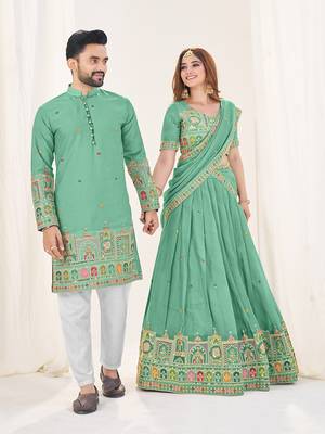 Sea Green Embroidered Lehenga & Matching Men's Kurta Set couple combo 3
