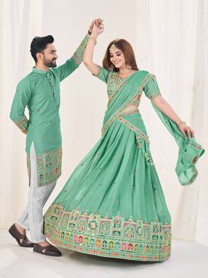 Sea Green Embroidered Lehenga & Matching Men's Kurta Set couple combo 4
