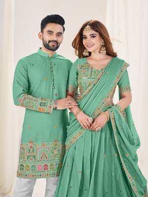 Sea Green Embroidered Lehenga & Matching Men's Kurta Set couple combo 5