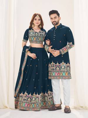 Navy Blue Embroidered Lehenga & Matching Men's Kurta Set couple combo 1