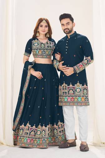 Navy Blue Embroidered Lehenga & Matching Men's Kurta Set couple combo
