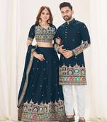 Navy Blue Embroidered Lehenga & Matching Men's Kurta Set couple combo