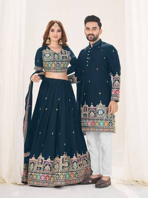 Navy Blue Embroidered Lehenga & Matching Men's Kurta Set couple combo 2