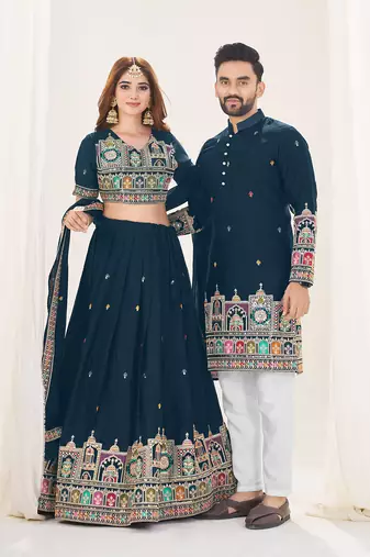 Navy Blue Embroidered Lehenga & Matching Men's Kurta Set couple combo