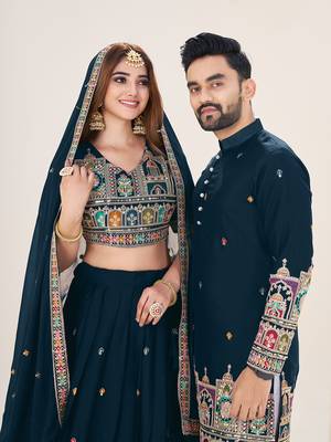 Navy Blue Embroidered Lehenga & Matching Men's Kurta Set couple combo 3