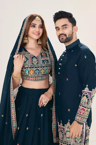 Navy Blue Embroidered Lehenga & Matching Men's Kurta Set couple combo