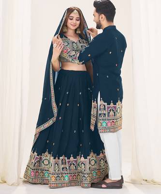 Navy Blue Embroidered Lehenga & Matching Men's Kurta Set couple combo 4
