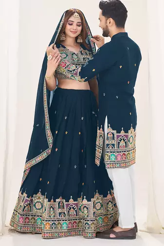 Navy Blue Embroidered Lehenga & Matching Men's Kurta Set couple combo