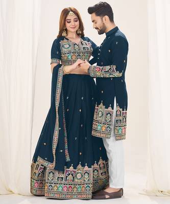 Navy Blue Embroidered Lehenga & Matching Men's Kurta Set couple combo 5