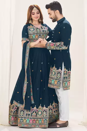 Navy Blue Embroidered Lehenga & Matching Men's Kurta Set couple combo