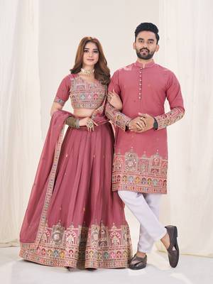 Pink Embroidered Lehenga & Matching Men's Kurta Set couple combo 1