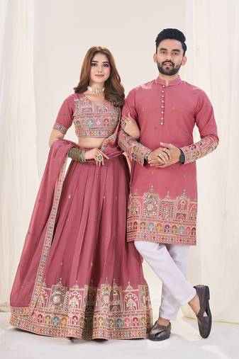Pink Embroidered Lehenga & Matching Men's Kurta Set couple combo