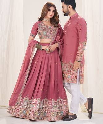 Pink Embroidered Lehenga & Matching Men's Kurta Set couple combo 5
