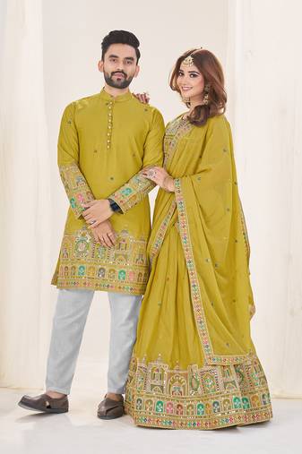 Lime Green Embroidered Lehenga & Matching Men's Kurta Set couple combo