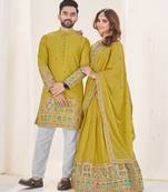 Lime Green Embroidered Lehenga & Matching Men's Kurta Set couple combo