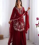 Graceful maroon faux georgette sharara set with thread & sequin embroidery