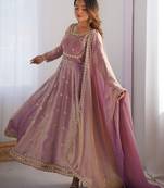 Elegant pink fandy silk anarkali with embroidered dupatta set