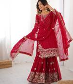 Red faux georgette sharara set with heavy embroidery detailing