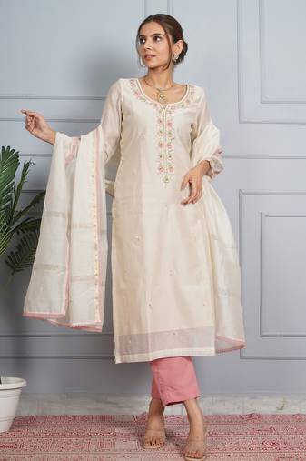Off white 'amber glow' hand embroidered chanderi silk  womens  suit- set of 3
