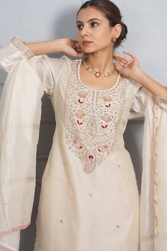 Off white 'panna meena' hand embroidered chanderi silk  womens  suit- set of 3