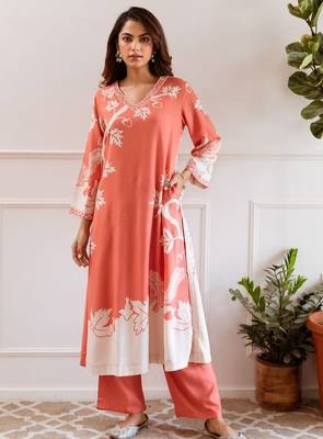 salmon peach printed cotton kurta sets 1