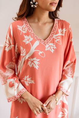 salmon peach printed cotton kurta sets 2