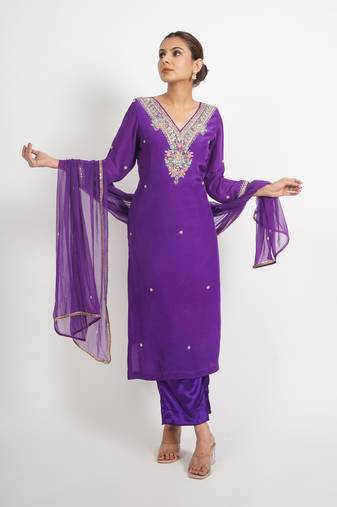 Purple 'jharokha'  hand embroidered  silk crepe  womens  suit- set of 3