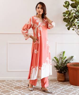 salmon peach printed cotton kurta sets 4