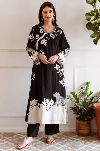 swish black printed cotton kurta sets