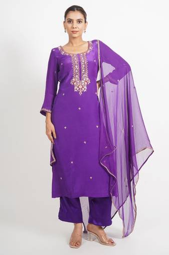 Purple 'man sagar'  hand embroidered  silk crepe  womens  suit- set of 3
