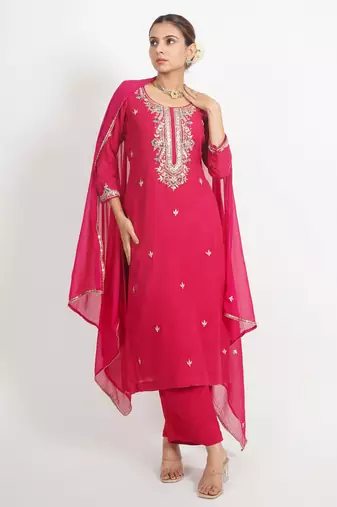 Red ' patrika gate' hand embroidered  silk crepe  womens  suit- set of 3